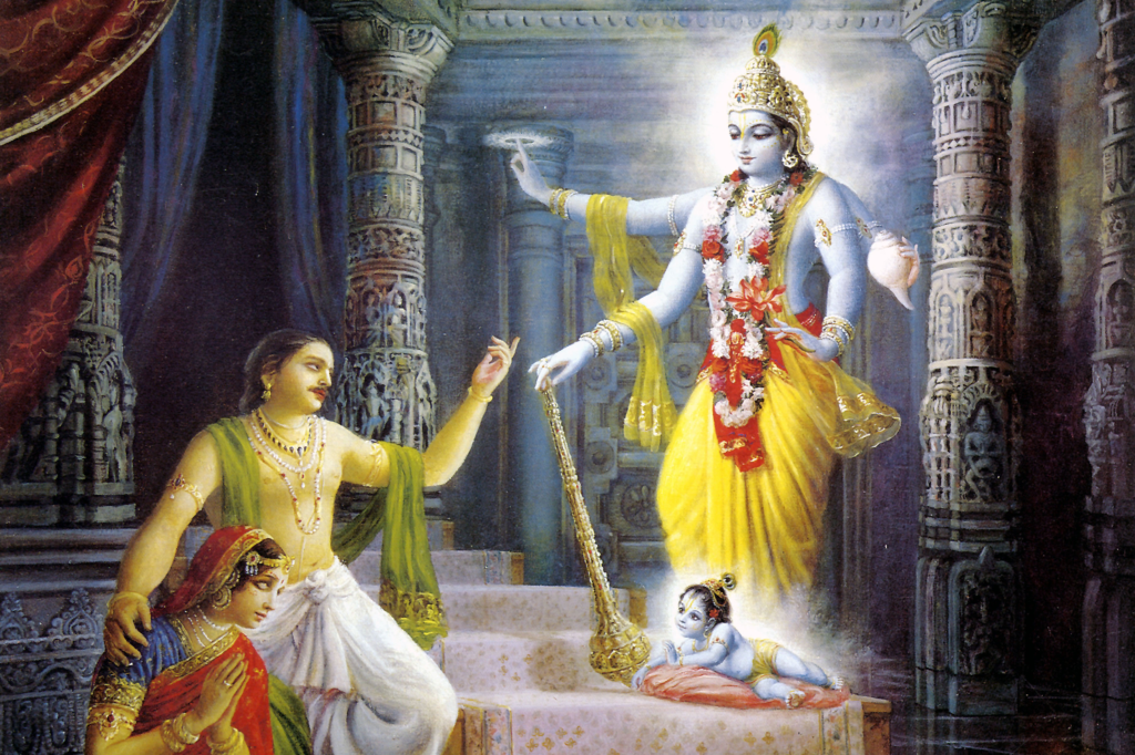 Krishna manifests His four handed Vishnu form to Vasudeva and Devaki and then transforms into a baby in the prison cell of Kamsa.