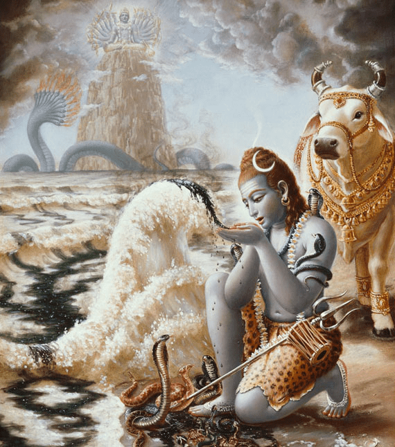 Lord Shiva drinks up an ocean of deadly poison and keeps it suspended in his throat
