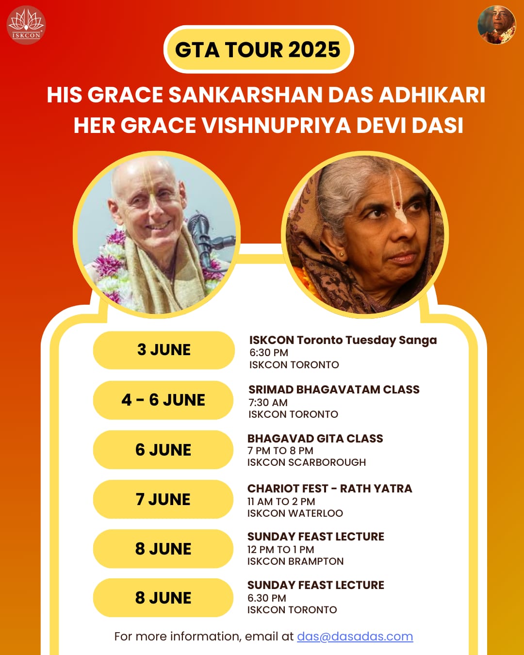 Programs with Sankarshan Prabhu and Vishnupriya Mataji from May 30 -a June 8 2025