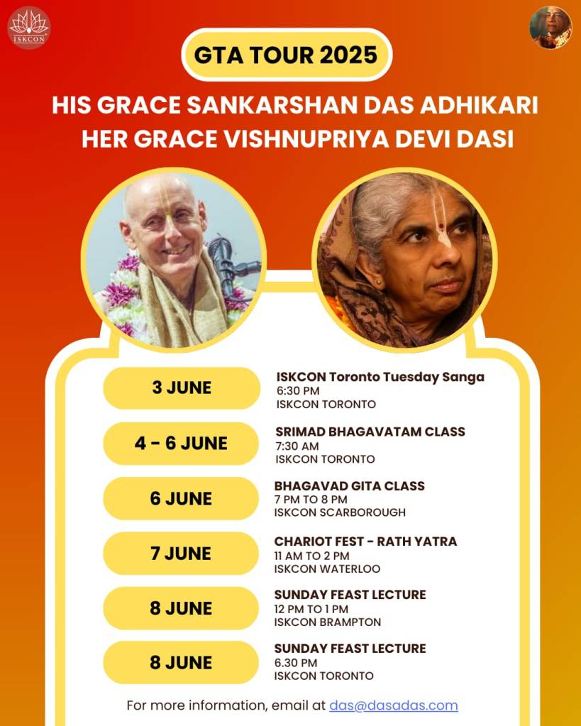 Program with Sankarshan Prabhu and Vishnupriya Mataji from June 3-8 2025 in the Greater Toronto Area