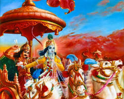 Krishna Guides Arjuna at Kurukshetra during the greatest battle of his life.