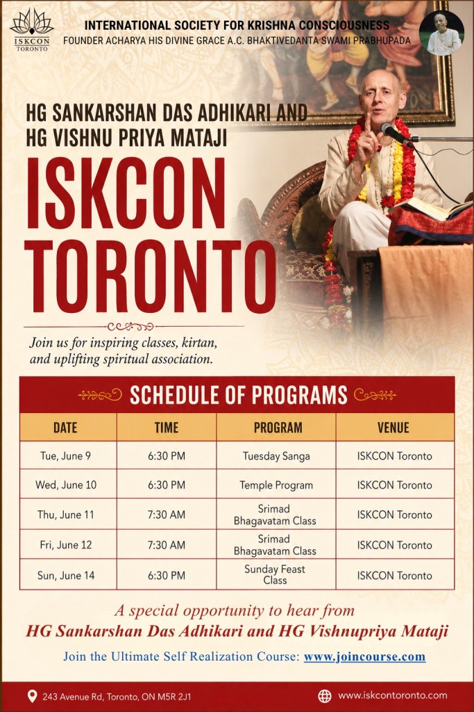 His Grace Sriman Sankarshan Das Adhikari & Her Grace Srimati Vishnupriya Mataji June 2026 ISKCON Toronto Programs