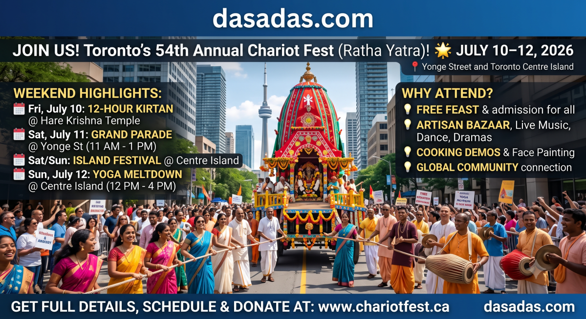 Hare Krishna! Jaya Jagannath! Welcome to the 54th annual Ratha Yatra of Sri Sri Jagannath, Baladev, Subhadra Devi 2026, 110-12 Jul 2026, Toronto, Ontario, Canada